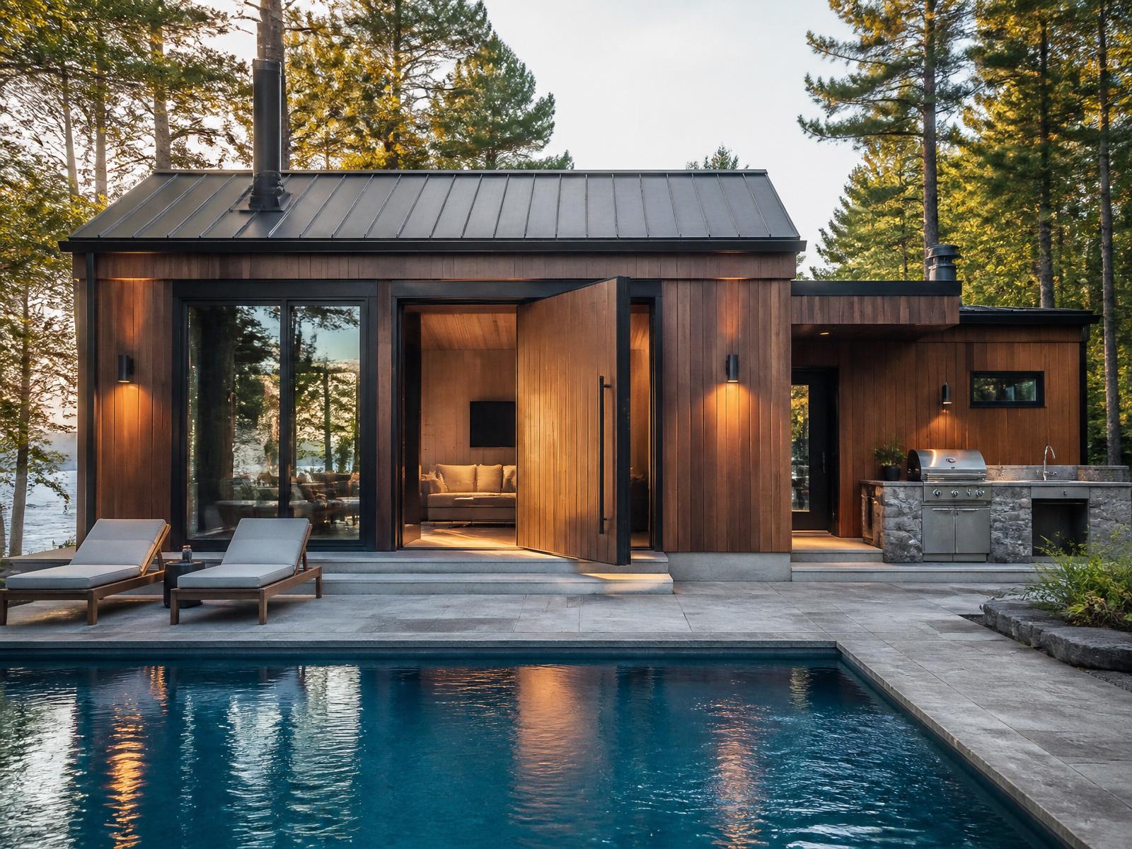Modern Muskoka pool house with cedar cladding and pivot door