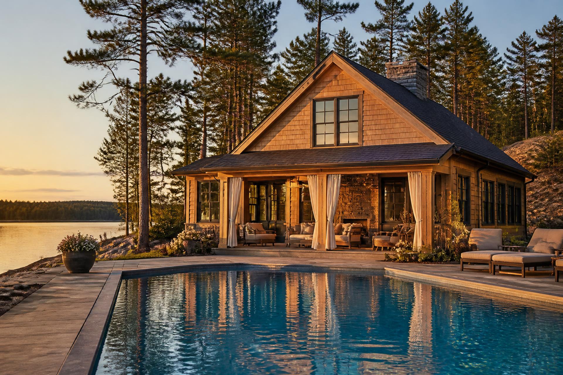 Cedar-shingle Muskoka pool cabana at golden hour with reflecting pool
